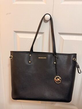 MICHAEL KORS Black Saffiano Leather Tote with Gold MK Charm